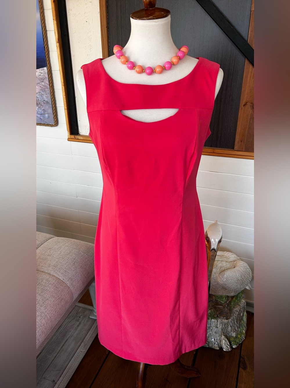 Dressbarn Coral Pink Sheath Dress Size 8 Cutout Neck Sleeveless Career Cocktail